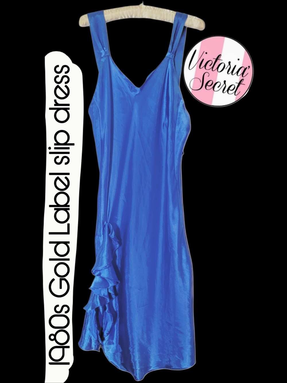 1980s Victoria's Secret Vintage Gold Label Royal Blue Satin Slip Dress